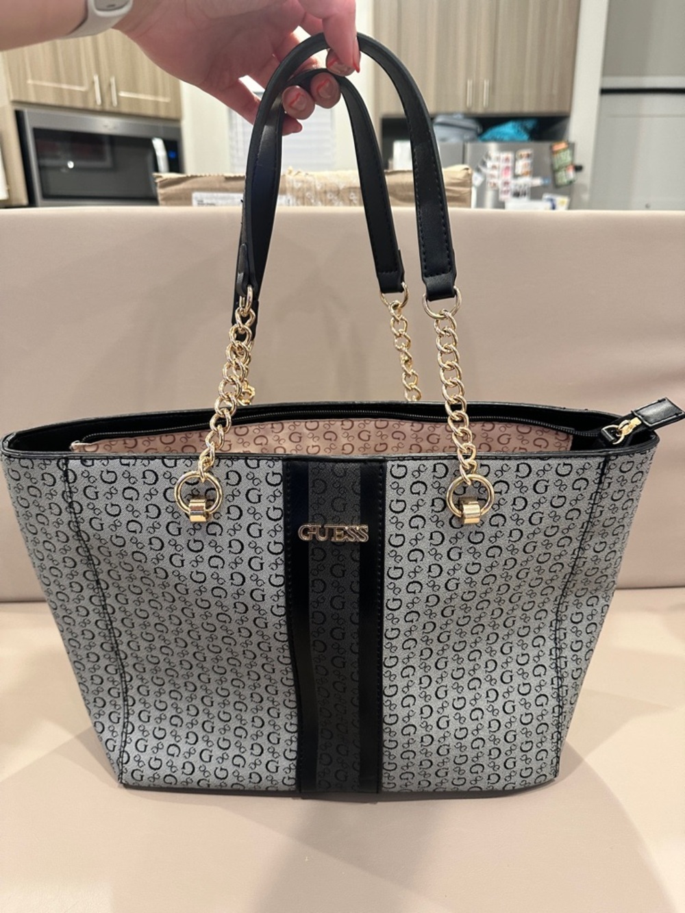 GUESS Black and Gray Logo Stripe Tote with Gold Chain Accents - Picture 2 of 8